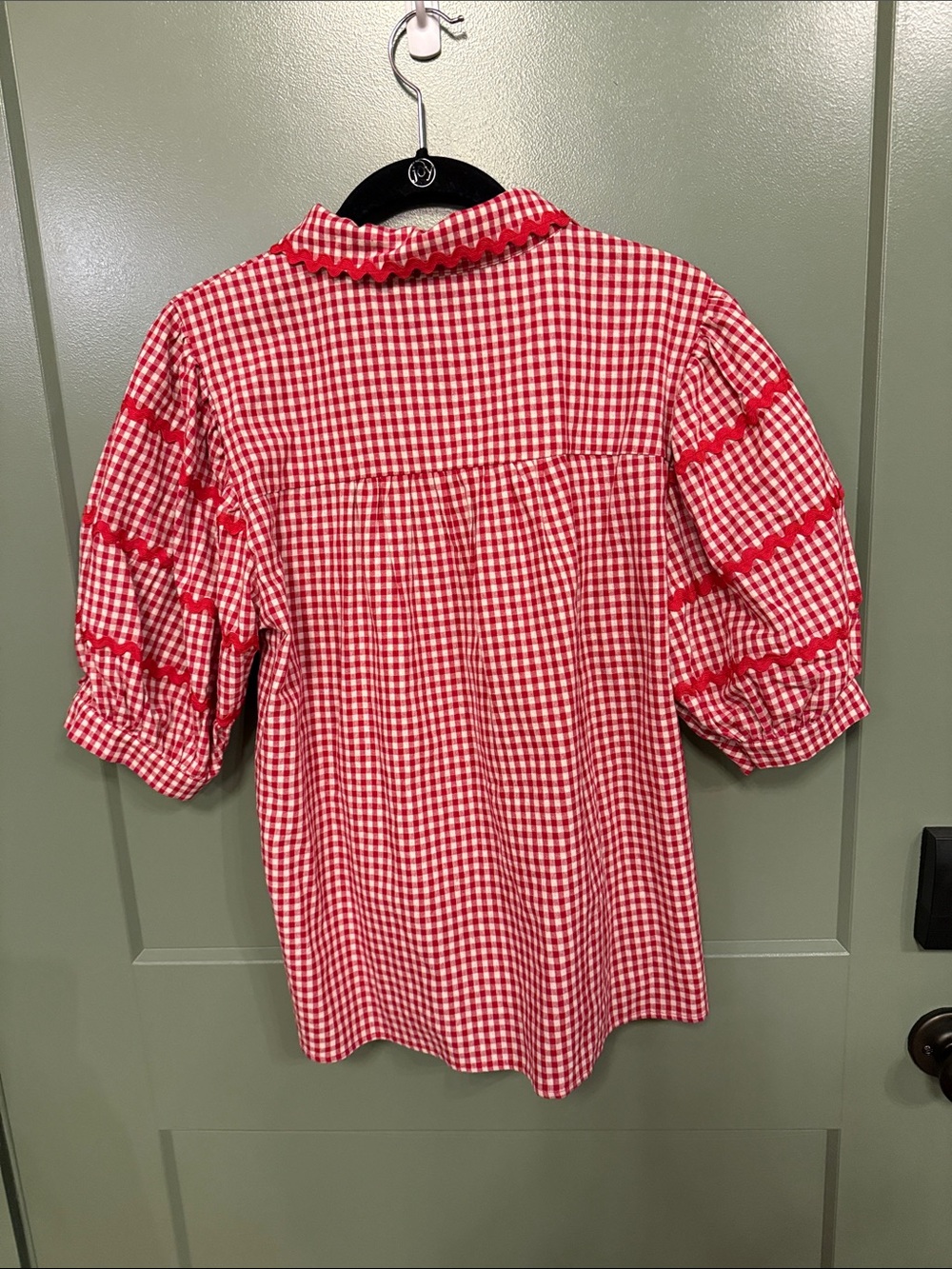 JODIFL Red and White Gingham Puff Sleeve Button-Front Top - Picture 7 of 7